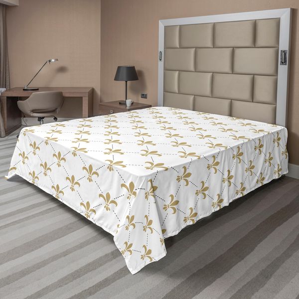 Abakuhaus Lenzuolo Fleur De Lis, Motivo Fleur De Lis, Vintage, Fiori Stilizzati, Simbolo Reale, Design Artistico, Lenzuolo Morbido E Confortevole Per Un Letto Decorativo, 1 Pezzo, 260 Cm X 228 Cm, Bianco E Giallo-image