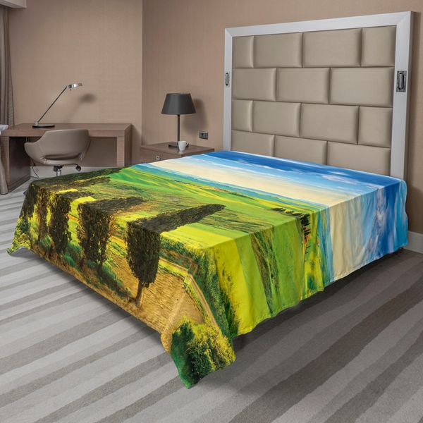 Abakuhaus Lenzuolo Naturale, Tramonto Rurale In Italia Con Alberi E Cielo Limpido, Lenzuolo Morbido E Confortevole Per Un Letto Decorativo, 1 Pezzo 260 Cm X 228 Cm, Blu Verde-image