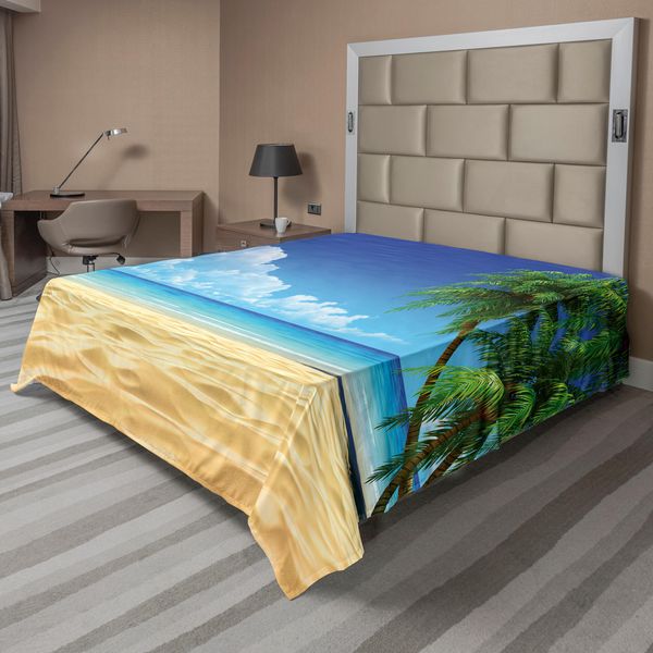 Abakuhaus Lenzuolo Ocean, Palme Sulla Spiaggia Tropicale Con Sabbia Dorata, Stampa Con Paesaggio Marino, Lenzuolo Morbido E Confortevole Per Un Letto Decorativo, 1 Pezzo, 260 Cm X 228 Cm, Verde Crema-image
