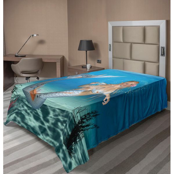 Abakuhaus Lenzuolo Con Sirena, Grafica Sirena Nell'oceano Tropicale Magica Leggenda Fiabesca, Morbido E Comodo Lenzuolo Superiore Per Un Letto Decorativo 1 Pezzo 190 Cm X 100 Cm, Blu Mare-image