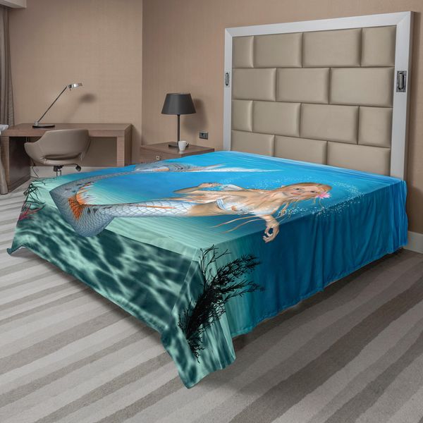 Abakuhaus Lenzuolo Con Sirena, Grafica Sirena Nell'oceano Tropicale Magica Leggenda Fiabesca, Lenzuolo Morbido E Confortevole Per Un Letto Decorativo 1 Pezzo 266 Cm X 260 Cm, Blu Mare-image