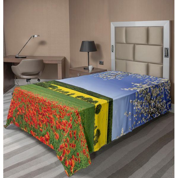 Abakuhaus Lenzuolo Con Fiori, Campo Di Papaveri Con Panorama Primaverile E Alberi In Fiore In Un Prato Naturale, Lenzuolo Morbido E Confortevole Per Un Letto Decorativo, 1 Pezzo, 260 Cm X 168 Cm, Multicolore-image