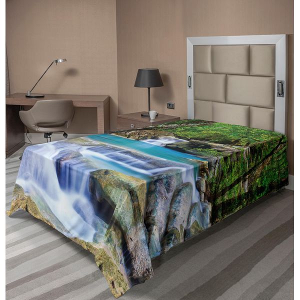 Abakuhaus Lenzuolo Con Cascata, Immagine Fiabesca Della Cascata Asiatica Roccia Nel Segreto Della Foresta, Lenzuolo Morbido E Confortevole Per Un Letto Decorativo 1 Pezzo 190 Cm X 100 Cm, Marrone Verde Blu-image