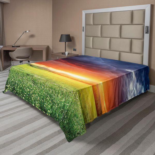 Abakuhaus Lenzuolo Naturale, Orizzonte Mistico Con Nuvole Scure Tempestose, Prato Con Tramonto, Immagine, Lenzuolo Morbido E Confortevole Per Un Letto Decorativo, 1 Pezzo, 260 Cm X 228 Cm, Multicolore-image