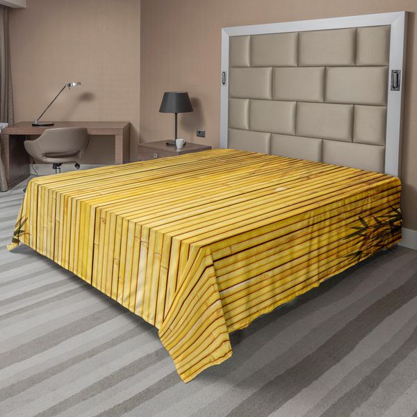 Abakuhaus Lenzuolo In Bambù, Foglie Di Stelo, Motivo Orientale Naturale In Legno, Tema Zen Asiatico Naturale Selvaggio, Lenzuolo Morbido E Confortevole Per Un Letto Decorativo, 1 Pezzo, 275 Cm X 260 Cm, Giallo-image