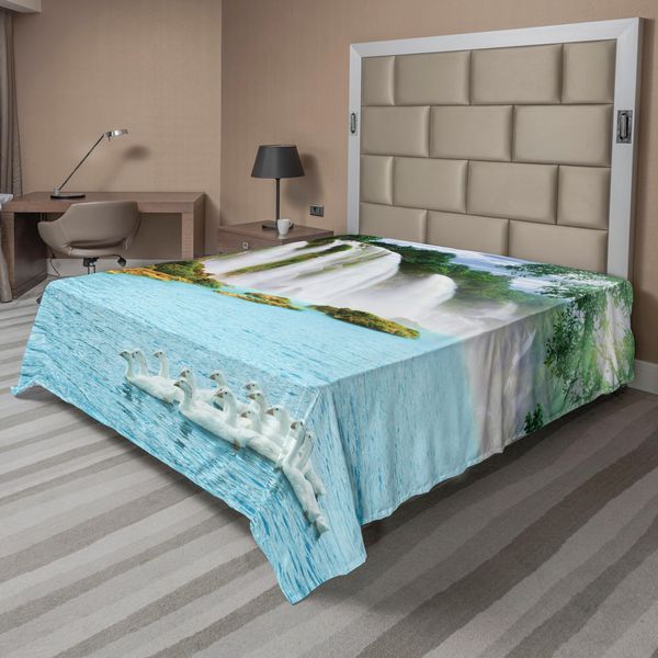 Abakuhaus Lenzuolo Con Cascata, Immagine Di Una Grande Cascata Con Cigni Nel Lago, Stampa Naturale Di Una Giornata Soleggiata, Lenzuolo Superiore Morbido E Confortevole Per Un Letto Decorativo, 1 Pezzo, 266 Cm X 260 Cm, Verde, Bianco, Blu-image