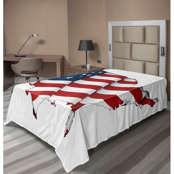 Abakuhaus Lenzuolo Con Mappa Del Mondo, Stampa Grafica Con Stelle Della Bandiera Americana, Lenzuolo Morbido E Confortevole Per Un Letto Decorativo, 1 Pezzo, 190 Cm X 100 Cm, Bianco, Rosso, Blu-image