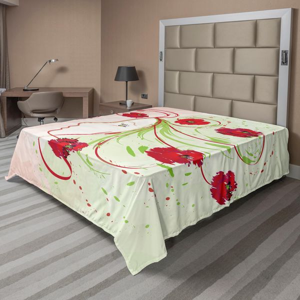 Abakuhaus Lenzuolo Con Fiori Acquerellati, Profilo Ragazza, Papaveri, Capelli Floreali, Effetto Acquerello, Disegno Artistico, Lenzuolo Morbido E Confortevole Per Un Letto Decorativo, 1 Pezzo, 244 Cm X 205 Cm, Verde Rosso-image
