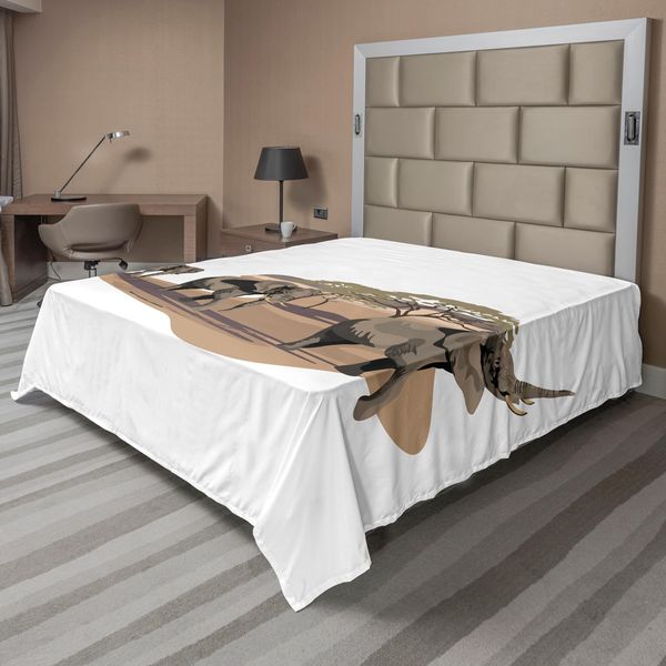 Abakuhaus Lenzuolo Con Elefanti, Grafica Africana Con Elefanti Nella Savana, Stampa Safari Selvaggio, Lenzuolo Morbido E Confortevole Per Un Letto Decorativo, 1 Pezzo, 244 Cm X 205 Cm, Bianco E Marrone-image