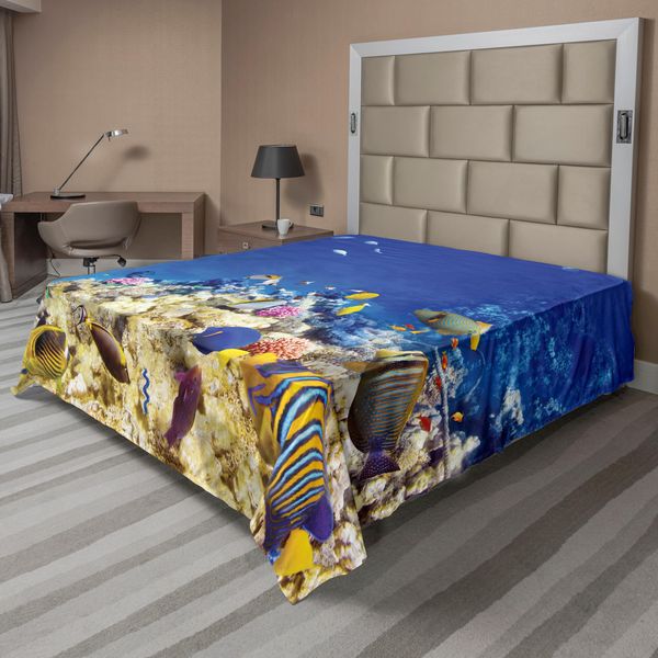 Abakuhaus Lenzuolo Da Letto Oceano, Vita Sottomarina Natura Selvaggia Caraibi Vacanze Nel Mare Tropicale Vista Mare Tema Immagine, Morbido E Confortevole Lenzuolo Superiore Per Un Letto Decorativo 1 Pezzo 266 Cm X 260 Cm, Beige Blu-image