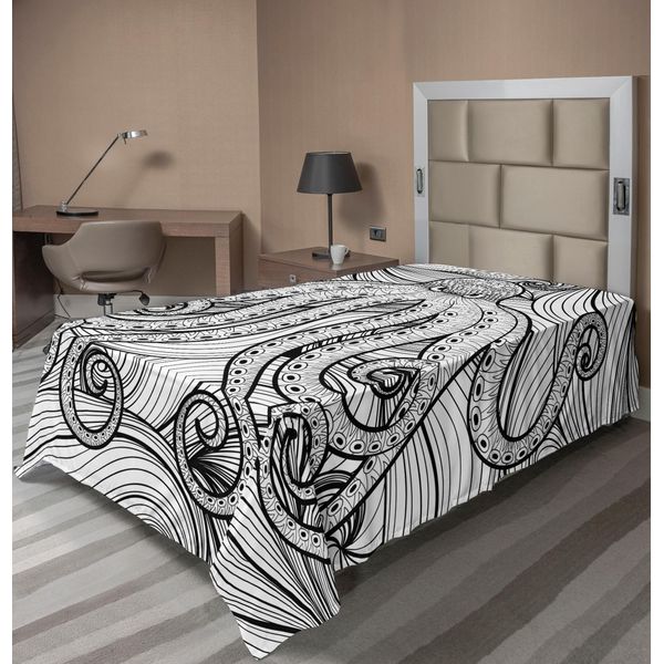 Abakuhaus Lenzuolo Con Calamaro, Polipo Polpo Nel Mare Motivo Etnico Mandala Artistico Tentacoli, Lenzuolo Morbido E Confortevole Per Un Letto Decorativo 1 Pezzo 190 Cm X 100 Cm, Bianco Nero-image