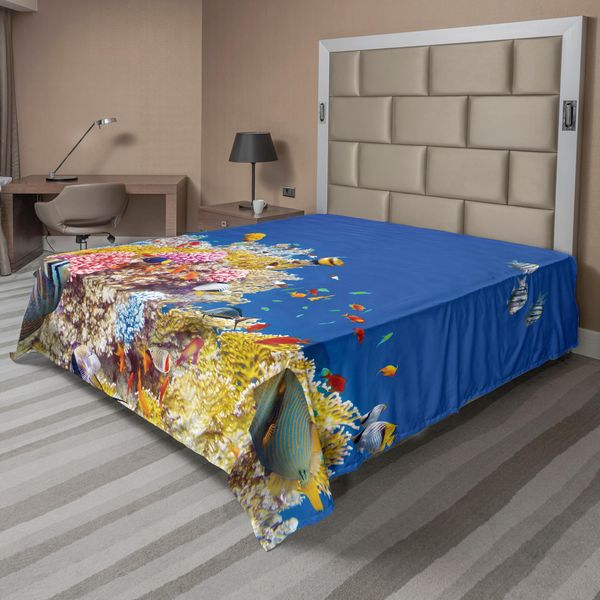 Abakuhaus Lenzuolo Ocean, Colorato Mondo Sottomarino Con Immersioni Esotiche Tropicali, Destinazione Dei Coralli, Morbido E Confortevole Lenzuolo Superiore Per Un Letto Decorativo, 1 Pezzo, 275 Cm X 260 Cm, Blu E Giallo.-image