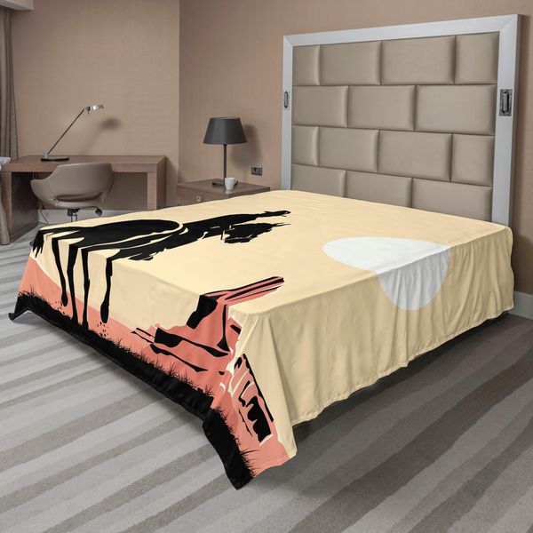 Abakuhaus Lenzuolo Occidentale, Immagine Artistica Del Cavallo Da Cowboy Verso L'eroe Del Selvaggio Deserto Occidentale, Lenzuolo Morbido E Confortevole Per Un Letto Decorativo 1 Pezzo 266 Cm X 260 Cm, Giallo Arancione Nero-image