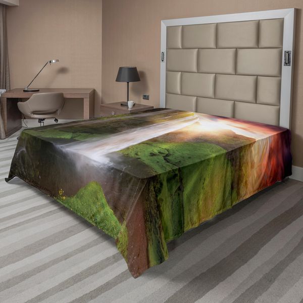 Abakuhaus Lenzuolo Con Cascata, Cascate Al Tramonto, Cielo In Una Pittoresca Primavera, Stampa Rurale, Lenzuolo Morbido E Confortevole Per Un Letto Decorativo, 1 Pezzo, 260 Cm X 228 Cm, Multicolore-image