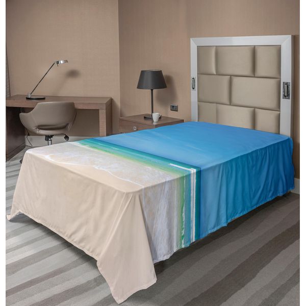 Abakuhaus Lenzuolo Ocean, Golden Sandy Paradise Strant Sea E Sunny Sky Scenes Dream Room Nature Image, Morbido E Confortevole Lenzuolo Superiore Per Un Letto Decorativo 1 Pezzo 260 Cm X 168 Cm, Crema Blu-image