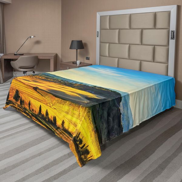 Abakuhaus Lenzuolo Italiano, Paesaggio Rurale Italiano Con Alberi, Prati E Cielo, Stampa Digitale, Lenzuolo Morbido E Confortevole Per Un Letto Decorativo, 1 Pezzo, 266 Cm X 260 Cm, Blu E Giallo-image