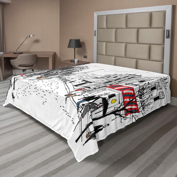 Abakuhaus Paris Lenzuolo, Vecchio Pedonale Francese Memorizza Alberi E Silhouette Illustrazione Urbana, Morbido E Confortevole Lenzuolo Superiore Per Un Letto Decorativo 1 Pezzo 266 Cm X 260 Cm, Multicolore-image