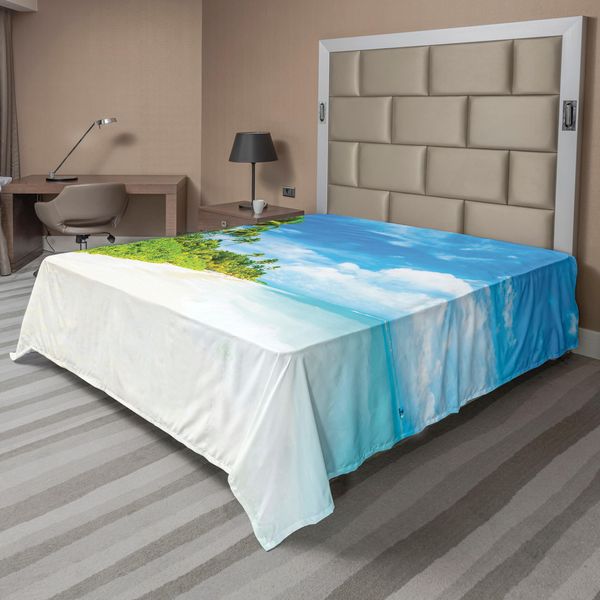 Abakuhaus Lenzuolo Ocean, Immagine Spiaggia Tropicale, Cielo Marino, Paesaggio, Palme Da Cocco, Stile Moderno, Lenzuolo Morbido E Confortevole Per Un Letto Decorativo, 1 Pezzo, 244 Cm X 205 Cm, Color Crema, Verde E Blu.-image