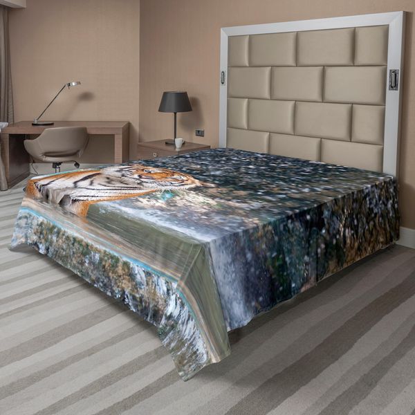 Abakuhaus Lenzuolo Con Cascata, Immagine Di Una Grande Tigre Maestosa In Una Cascata Naturale, Lenzuolo Morbido E Confortevole Per Un Letto Decorativo 1 Pezzo 244 Cm X 205 Cm, Multicolore-image