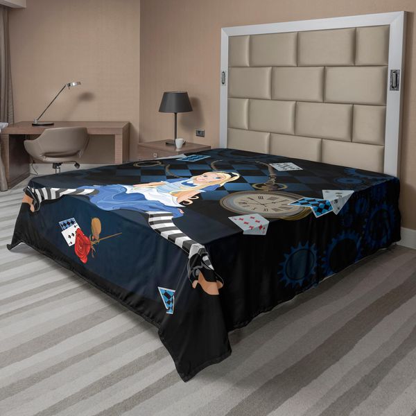 Abakuhaus Alice Nel Paese Delle Meraviglie Lenzuolo, Grande Alice, Con Carte Volanti E Rosa A Quadretti Cartoon, Morbido E Confortevole Lenzuolo Superiore Per Un Letto Decorativo 1 Pezzo 266 Cm X 260 Cm, Multicolore-image