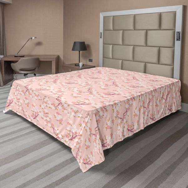 Abakuhaus Lenzuolo Naturale, Rami Di Ciliegio In Fiore Sakura, Illustrazione Artistica Classica Giapponese, Lenzuolo Morbido E Confortevole Per Un Letto Decorativo, 1 Pezzo, 275 Cm X 260 Cm, Bianco Pesca-image