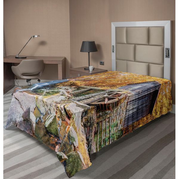 Abakuhaus Lenzuolo Con Cascata, Immagine Autunnale Di Mulino Storico E Cascata Nella Natura All'aperto, Lenzuolo Morbido E Confortevole Per Un Letto Decorativo 1 Pezzo 190 Cm X 100 Cm, Giallo Marrone-image