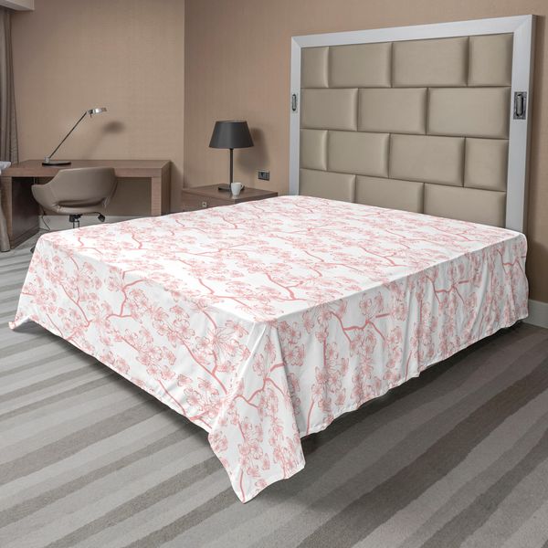 Abakuhaus Lenzuolo Naturale, Motivo Con Morbidi Rami Primaverili, Fiori E Foglie, Stampa Femminile, Lenzuolo Superiore Morbido E Confortevole Per Un Letto Decorativo, 1 Pezzo, 244 Cm X 205 Cm, Bianco Corallo-image