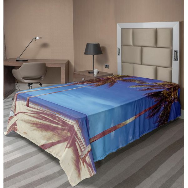 Abakuhaus Lenzuolo Da Letto, Immagine Di Un'amaca Su Una Spiaggia Tropicale Dorata Con Palme E Oceano, Surreale, Morbido E Confortevole Lenzuolo Superiore Per Un Letto Decorativo, 1 Pezzo, 260 Cm X 168 Cm, Blu Navy, Crema, Verde.-image
