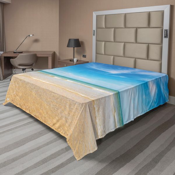 Abakuhaus Lenzuolo Oceano, Mare E Cielo Paesaggio Sulla Spiaggia Tropicale Esotico Hawaii Caraibi, Morbido E Confortevole Lenzuolo Superiore Per Un Letto Decorativo 1 Pezzo 275 Cm X 260 Cm, Crema Blu-image