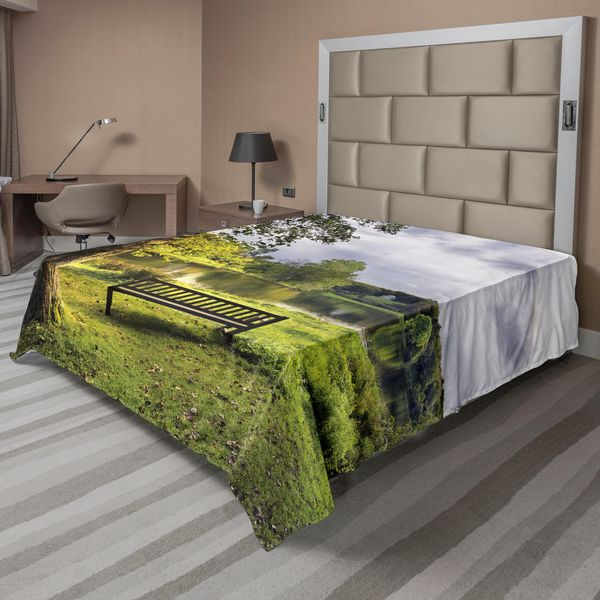 Abakuhaus Lenzuolo Da Letto, Una Panchina Che Si Affaccia Sul Lago In Una Giornata Nuvolosa, Stampa Paesaggistica Stourhead, Lenzuolo Morbido E Confortevole Per Un Letto Decorativo, 1 Pezzo, 244 Cm X 205 Cm, Verde Grigio-image