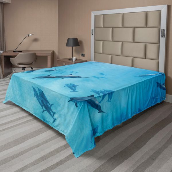 Abakuhaus Lenzuolo Hawaiano, Gruppo Delfini In Hawaii Animali Animali Marini Natura Tropicale Immagine, Lenzuolo Morbido E Confortevole Per Un Letto Decorativo 1 Pezzo 266 Cm X 260 Cm, Blu-image