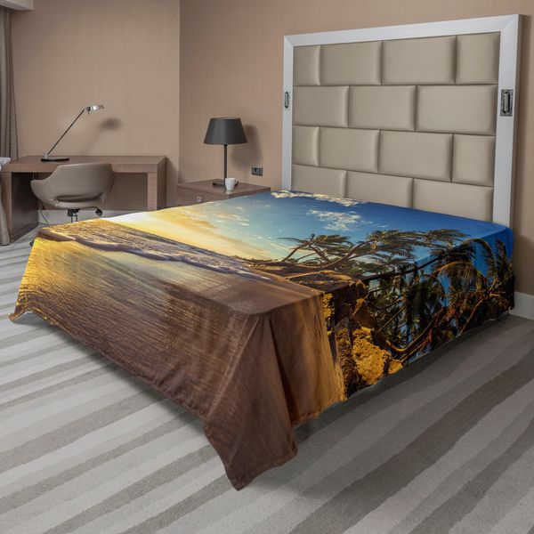 Abakuhaus Lenzuolo Ocean, Immagine Di Palme Su Spiaggia Esotica Al Tramonto, Onde Dell'oceano, Paradiso Dominicano, Lenzuolo Morbido E Confortevole Per Un Letto Decorativo, 1 Pezzo, 244 Cm X 205 Cm, Multicolore-image