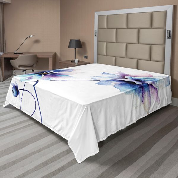 Abakuhaus Lenzuolo Con Fiori Acquerellati, Disegno Floreale Con Morbidi Colori Primaverili, Stile Retrò, Motivo Floreale, Lenzuolo Morbido E Confortevole Per Un Letto Decorativo, 1 Pezzo, 266 Cm X 260 Cm, Bianco, Viola, Blu-image