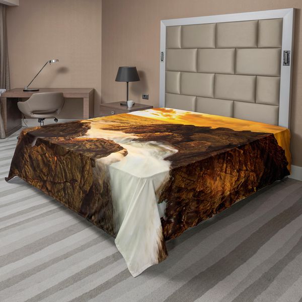 Abakuhaus Lenzuolo Da Letto, Tramonto E Onde Su Rocce Tropicali Spiaggia Cielo Natura Estate Tranquillità Stampa, Morbido E Confortevole Lenzuolo Superiore Per Un Letto Decorativo 1 Pezzo 275 Cm X 260 Cm, Arancione Grigio-image