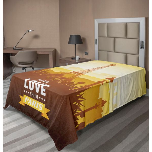 Abakuhaus Paris Lenzuolo, Torre Eiffel Con Tulipano E Silhouette Della Città Nostalgico Romantico Floreale, Morbido E Confortevole Lenzuolo Superiore Per Un Letto Decorativo 1 Pezzo 190 Cm X 100 Cm, Arancione Giallo Marrone-image