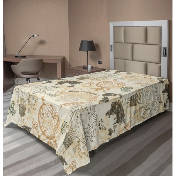 Abakuhaus Lenzuolo Con Mappa Del Mondo, Motivo Con Mappa Del Mondo Vintage, Dirigibile, Corda Annodata, Stampa Retrò, Lenzuolo Morbido E Confortevole Per Un Letto Decorativo, 1 Pezzo, 260 Cm X 168 Cm, Beige Verde Oliva-image