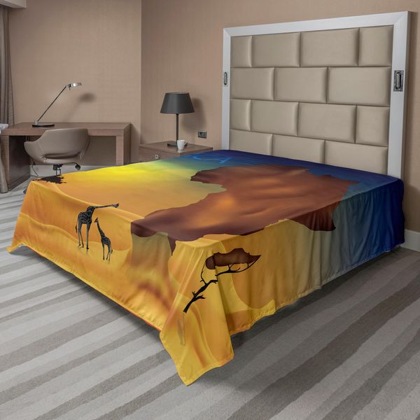 Abakuhaus Lenzuolo Safari, Savana Giraffe Esotico Tropicale Paese Cultura Natura Arte Illustrazione, Morbido E Confortevole Lenzuolo Superiore Per Un Letto Decorativo 1 Pezzo 260 Cm X 228 Cm, Cioccolato Arancione Blu-image