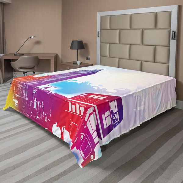 Abakuhaus London Lenzuolo, Big Ben Storico E Autobus Grande Torre Campanaria Europa Britannica Pietra Miliare Stradale, Lenzuolo Morbido E Confortevole Per Un Letto Decorativo 1 Pezzo 260 Cm X 228 Cm, Giallo Viola Rosso-image