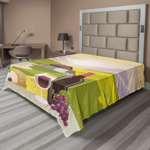 Abakuhaus Lenzuolo Da Letto, Vino Formaggio Pane Paesaggio Montano Paesaggio Rurale Francese Pastorale, Morbido E Confortevole Lenzuolo Superiore Per Un Letto Decorativo 1 Pezzo 260 Cm X 228 Cm, Crema Verde Viola-image