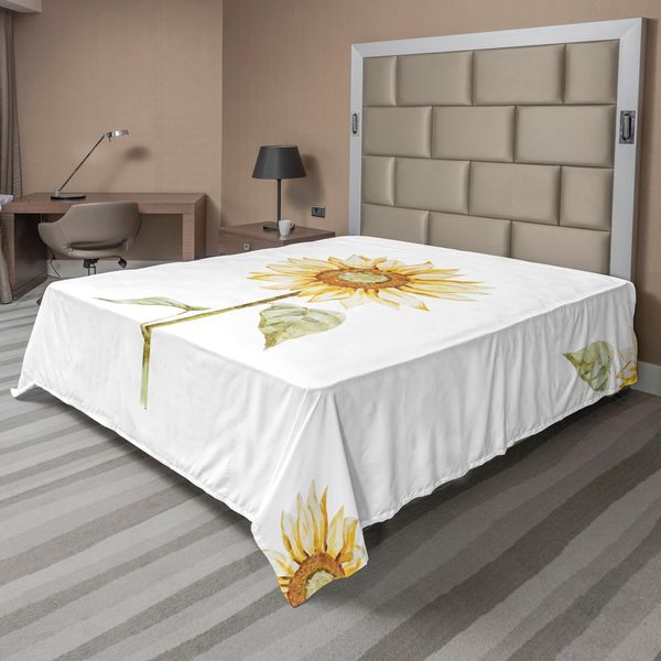 Abakuhaus Lenzuolo Con Motivo Girasoli, Girasoli Con Effetto Acquerello E Design Minimalista, Lenzuolo Morbido E Confortevole Per Un Letto Decorativo 1 Pezzo 260 Cm X 228 Cm, Giallo Verde-image