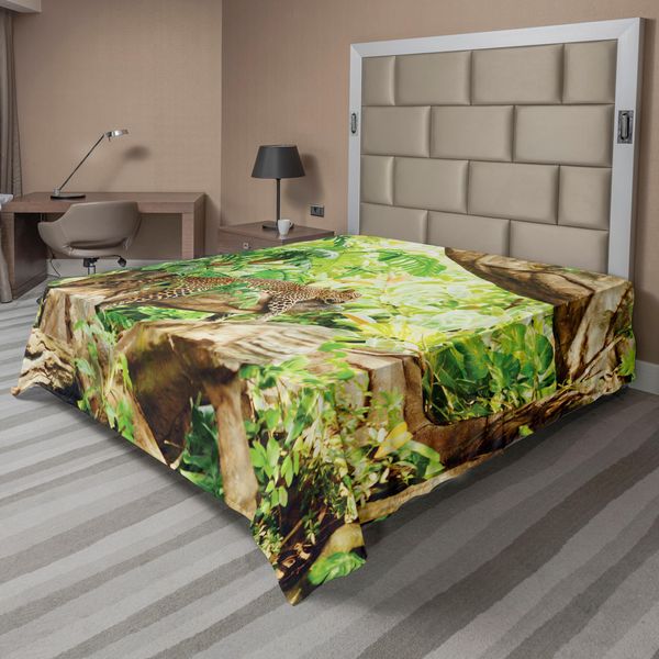 Abakuhaus Lenzuolo Safari, Leopardo Nella Savana Esotico Macrotropico Foglia Giungla Natura Selvaggia Arte, Morbido E Confortevole Lenzuolo Superiore Per Un Letto Decorativo 1 Pezzo 275 Cm X 260 Cm, Marrone Verde-image
