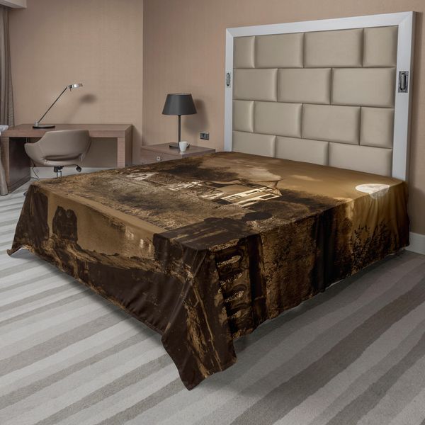 Abakuhaus Lenzuolo Gotico, Foto Di Una Vecchia Casa Medievale In Stile Retrò Vintage Con Luna Piena In Stile Boho, Lenzuolo Morbido E Confortevole Per Un Letto Decorativo 1 Pezzo 260 Cm X 228 Cm, Marrone-image