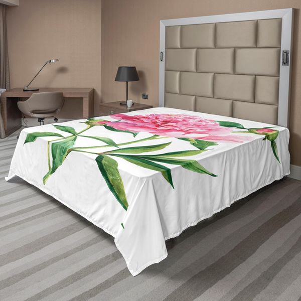 Abakuhaus Lenzuolo Con Fiori Acquerellati, Peonia, Tema Botanico Primavera Giardino Fiori Natura, Lenzuolo Morbido E Confortevole Per Un Letto Decorativo 1 Pezzo 275 Cm X 260 Cm, Verde Bianco Rosa-image