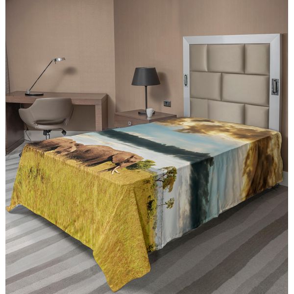 Abakuhaus Lenzuolo Safari, Grande Famiglia Di Elefanti Della Savana Africana, Cielo Nuvoloso E Drammatico, Prato, Lenzuolo Morbido E Confortevole Per Un Letto Decorativo, 1 Pezzo, 260 Cm X 168 Cm, Giallo, Grigio, Blu-image