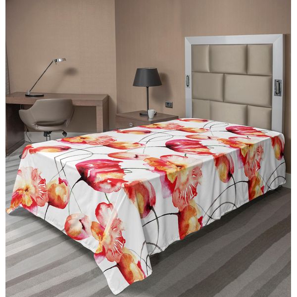 Abakuhaus Lenzuolo Con Fiori Acquerellati, Grandi Papaveri E Tulipani, Dipinto Floreale, Stagione Primaverile, Lenzuolo Morbido E Confortevole Per Un Letto Decorativo, 1 Pezzo, 190 Cm X 100 Cm, Rosso, Bianco, Arancione-image