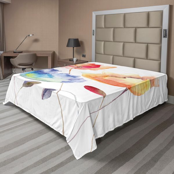 Abakuhaus Lenzuolo Con Fiori Acquerellati, Fiori Estivi In Stile Retrò Effetto Pittorico Natura È Arte Velare, Lenzuolo Morbido E Confortevole Per Un Letto Decorativo 1 Pezzo 275 Cm X 260 Cm, Arancione Blu Rosso-image
