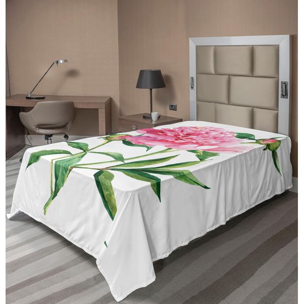 Abakuhaus Lenzuolo Con Fiori Acquerellati, Peonia, Tema Botanico Primavera Giardino Fiori Natura, Lenzuolo Morbido E Confortevole Per Un Letto Decorativo 1 Pezzo 260 Cm X 168 Cm, Verde Bianco Rosa-image