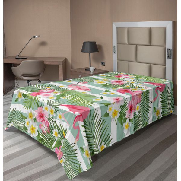 Abakuhaus Lenzuolo Flamingo, Fenicotteri Con Foglie Esotiche Hawaiane Su Sfondo Vintage A Righe, Lenzuolo Morbido E Confortevole Per Un Letto Decorativo 1 Pezzo 190 Cm X 100 Cm, Verde Bianco Rosa-image