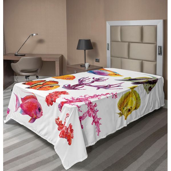 Abakuhaus Lenzuolo Da Letto Ocean, Illustrazione Con Pesci Tropicali, Alghe Marine, Coralli E Meduse, Lenzuolo Morbido E Confortevole Per Un Letto Decorativo, 1 Pezzo, 260 Cm X 168 Cm, Viola-image