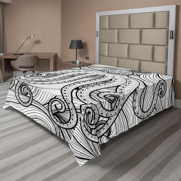 Abakuhaus Lenzuolo Con Calamaro, Polipo Polpo Nel Mare Motivo Etnico Mandala Artistico Tentacoli, Lenzuolo Morbido E Confortevole Per Un Letto Decorativo 1 Pezzo 275 Cm X 260 Cm, Bianco Nero-image
